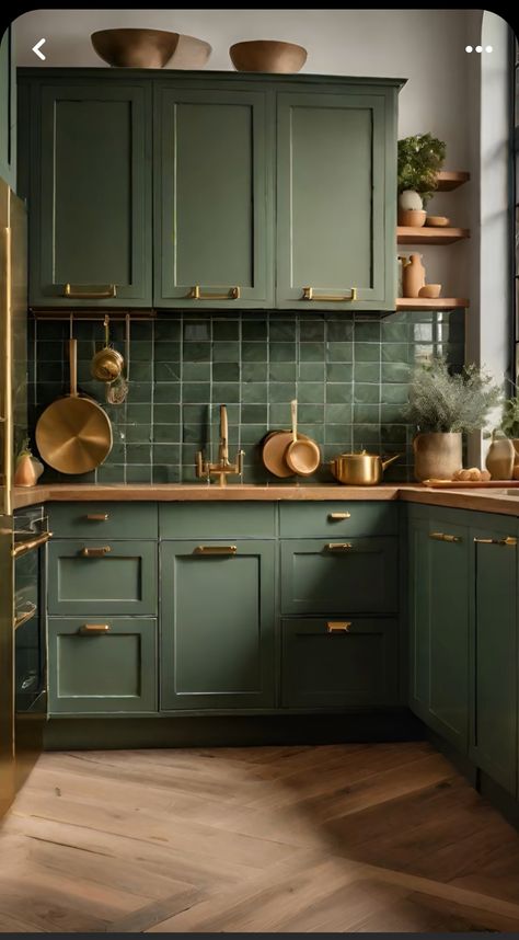 Green Kitchen Cabinet, Olive Green Kitchen, Green Kitchen Designs, Dark Green Kitchen, Green Backsplash, Sage Green Kitchen, Kitchen Cabinet Ideas, Green Kitchen Cabinets, Green Cabinets