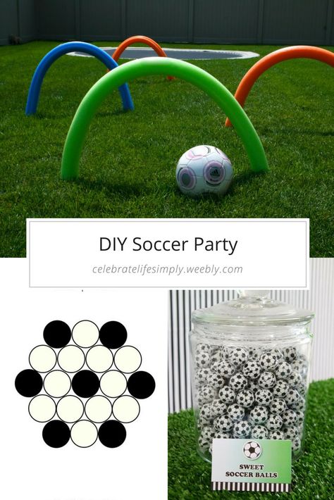 Diy Sports Party Decorations, Chelsea Soccer Party Theme, Diy Soccer Decorations, Soccer Theme Birthday Party Activities, Soccer Birthday Party Food Ideas, End Of Season Soccer Party Ideas, Soccer Birthday Party Activities, Sport Party Decorations, Outdoor Soccer Party Ideas