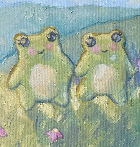 Just two phrogs on a date 💗 // #phrog #frog #oilpainting #oiloncanvas #fantasyart | Instagram Frog Oil Painting, Frog Painting Aesthetic, Cute Paintings For Best Friends, Cute Animals Painting, Painting Inspo Aesthetic, Cute Frog Art, Coquette Animals, Canvas Painting Cute, Frog Painting