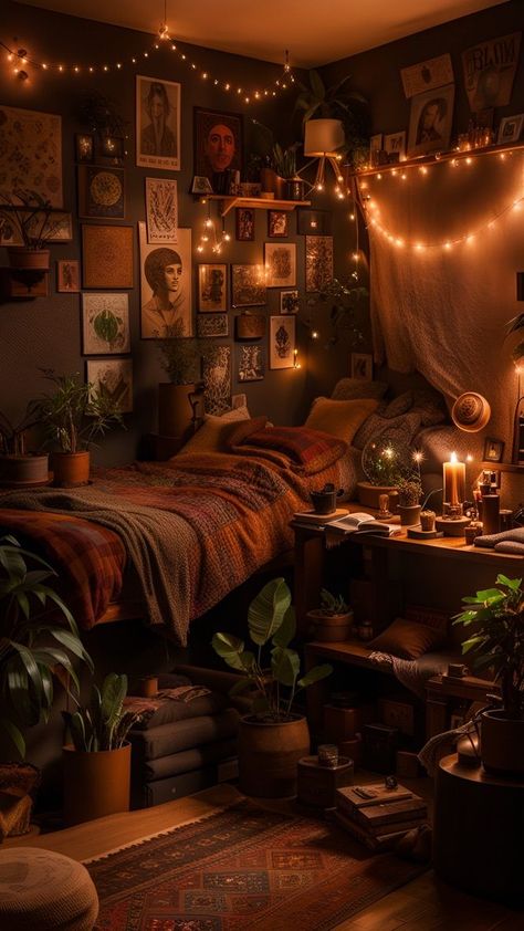 Room Decor Cozy Bedroom, Hippy Boho Room Ideas, Mushroomcore Bedroom, Room Design Bedroom Aesthetic, Studio Apartment Lighting, Whimsical Room Ideas, Space Aesthetic Bedroom, Studio Ideas Apartment, Aesthetic Apartment Bedrooms