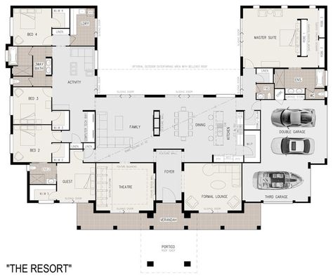 Lakefront House Plans, Pelan Lantai Rumah, U Shaped House Plans, U Shaped Houses, Pelan Rumah, Unique Floor Plans, Courtyard House Plans, التصميم الخارجي للمنزل, Lakefront Homes