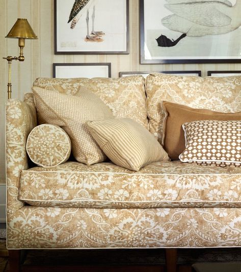 casual damask in a Mark Sikes fabric.  A Designer’s Secret For Mixing Fabric Patterns In A Room Latest Sofa Designs, Countryside Cottage, Printed Sofa, Beige Living Rooms, Corner Sofa Set, Modern Upholstery, Beige Sofa, Room Color Schemes, Elegant Living Room