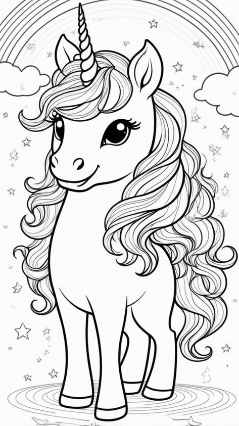 This delightful unicorn coloring page is perfect for kids! A simple black-and-white outline of a cute unicorn standing under a rainbow. Ideal for hours of coloring fun. 🦄 Kids Coloring Pages Free Download, Make your world more colorful with printable coloring pages. Our free coloring pages for adults and kids, range from Star Wars to Mickey Mouse. Unicorn Coloring Book, Drawing For Colouring Kids, Coloring Pages Cute Animals, Unicorn Colouring Sheet, Rainbow Colouring Pages, Cute Colouring In Pages, Simple Unicorn Drawing, Unicorn Drawing For Kids, Unicorn Black And White