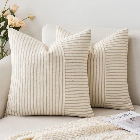 The perfect neutral striped throw pillows! #throwpillow #linen #neutralstripe #farmhousestyle MIULEE Khaki and Beige Patchwork Farmhouse Pillow Covers 18x18 Inch, Pack of 2 Striped Linen Decorative Modern Accent Pillow Cases for Sofa Couch Bedroom #affliatelink Farmhouse Pillow Covers, Couch Bedroom, Farmhouse Throw Pillow, Farmhouse Pillow, Garden Pillows, 16x16 Pillow Cover, 20x20 Pillow Covers, Farmhouse Pillows, Decorative Throw Pillow Covers