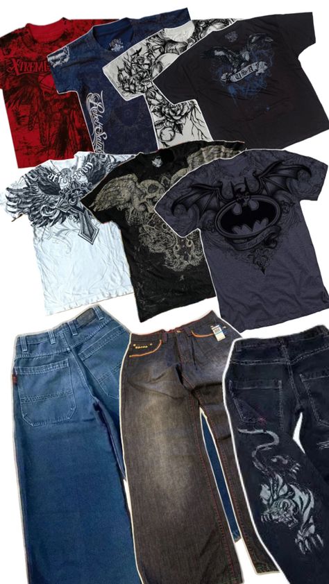 Affliction Shirts 2000s, Affliction Clothing Outfit, 2000s Jeans Men, Skater Fits Men, Baggy Clothes Outfit 90s, Jnco Jeans Outfit, Men Baggy Outfit, 2000s Skater Fashion, 2000s Baggy Jeans