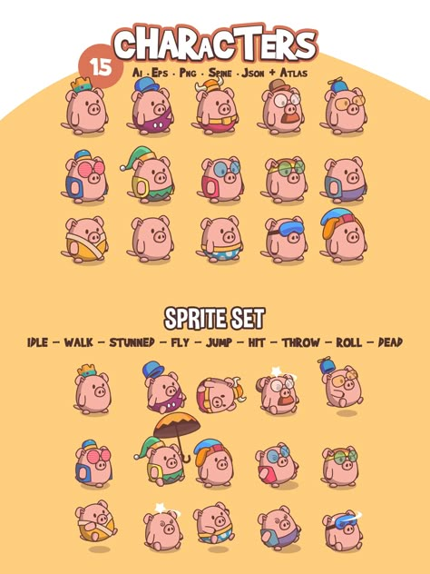 Cute Pigs Game Character Sprite Pack is prepared to implement many unique ideas and fill your game world with new content. Here you will discover 15 characters, each of which is shaped like adorable pigs. Created in a popular cartoon style, these sprites are ideal for integration into most modern gaming genres, ranging from children’s games, adventures and quests, to RPGs, MMOs, combat, runners, exploration, educational games, fantasy and other popular genres of our time. Character Sprite, 2d Game Character, Pig Character, Pig Games, Popular Cartoons, Game World, Game Ui Design, Cute Pigs, Cartoon Games