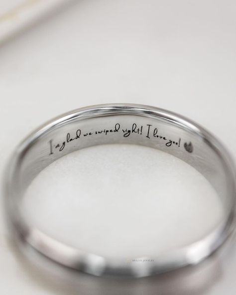 For couples who met on a dating app, this engraving is perfect for you! Let your engraved wedding rings serve as a timeless reminder of where your love story began. Rekindle cherished memories with a message forever etched on your wedding bands. Customize your rings with engravings at Brilyo. https://www.brilyojewelry.com/pages/customize-your-own-jewelry-piece Wedding Rings Inscription, Christian Wedding Bands, Wedding Bands Engraved Ideas, Wedding Band Engraving Ideas For Him, Rings With Engravings, Engagement Ring Engraving Ideas, Ring Engraving Ideas Quotes, Wedding Band Engraving Quotes, Engagement Ring Engraving