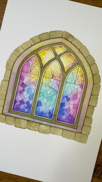 Watercolour Stained Glass Window, Stained Glass Window Watercolor Painting, Stained Glass Drawing Ideas, Acrylic Stained Glass Painting, Stain Glass Painting Ideas, Stain Glass Window Drawing, Stained Glass Watercolor Painting, Stained Glass Window Painting, Watercolor Stained Glass Painting