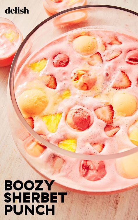 Boozy Sherbert PunchDelish Bridal Shower Alcoholic Punch, Boozy Sherbet Punch, Valentines Punch, Best Sherbet Punch Recipe, Sorbet Punch, Boozy Punch, Party Punch Alcohol, Summer Punch Recipes, Best Punch Recipe