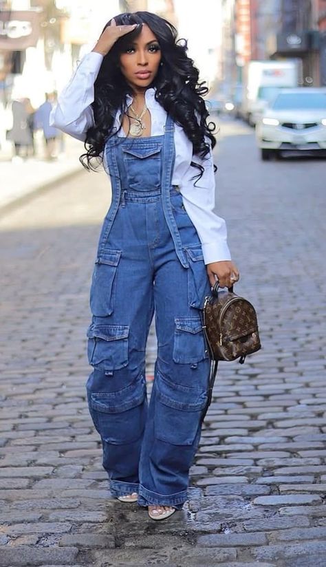 Amazon.com: LETSVDO Women's Cargo Denim Overall Jumpsuit Wide Leg Bib Loose Baggy Stretch Casual Jean Overalls Romper Cargo Pants : Clothing, Shoes & Jewelry Wide Leg Romper Outfit Casual, Big Jeans Outfit Black Women, Cargo Jumpsuit Outfit Black Women, Cargo Overalls Outfit, Loose Fit Outfits Women, Denim Outfits For Women Summer, All Jean Outfits For Women, Casual Pretty Outfits, How To Style Denim Dress