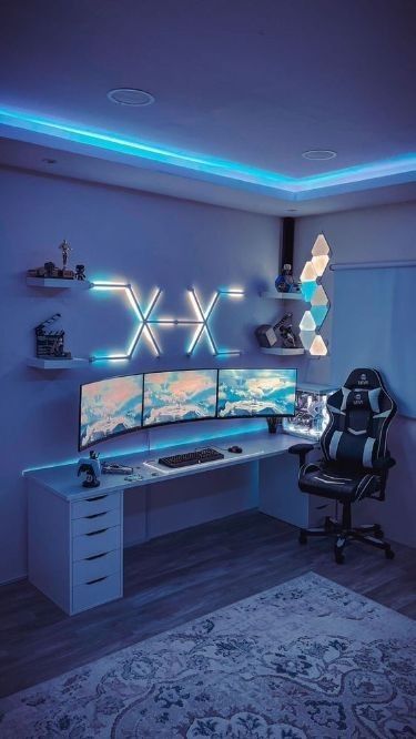 Clean aesthetic Gaming Room Setup with RGB Ambient Lighting Gaming Computer Room, Games Room Inspiration, Gaming Bedroom, Small Game Rooms, Best Gaming Setup, Home Studio Setup, Pc Gaming Setup, Video Game Room Design, Bedroom Setup