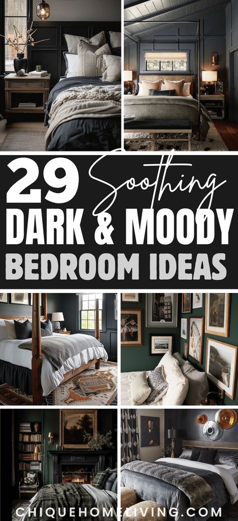 Charcoal Blue Bedroom Ideas, Small Dark Grey Bedroom, Moody California Bedroom, Dark Bedroom With Wallpaper, Decorating A Bedroom With Dark Furniture, Brown Walls In Bedroom, Moody And Bright Bedroom, Dark Gray Accent Wall Bedroom Ideas, Bedroom Painting Designs