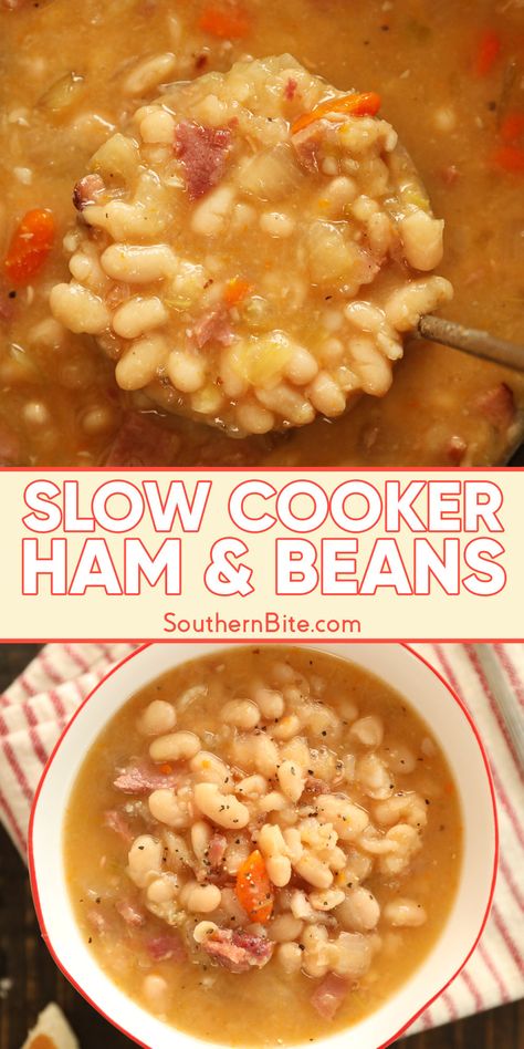 Slow Cooker Ham and Beans Slow Cooker Bean Soup, Bean Soup Crockpot, Ham Bean Soup, Crockpot Ham And Beans, Large Family Table, Ham And Bean, Slow Cooker Beans, Crockpot Ham, Slow Cooker Ham