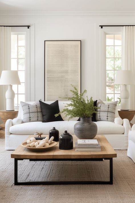 30+ Classy Black and White Living Room Decor Ideas Black And White Living Room Curtains, Black White Beige Living Room, White Beige Living Room, White Living Room Colors, White Living Room Decor Ideas, Black And White Living Room Decor, Living Room Decor Brown Couch, Organic Living Room, White Living Room Decor