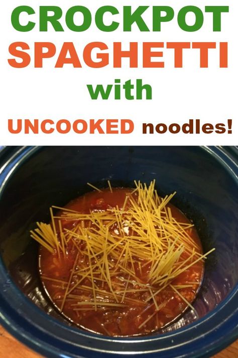 Family dinner recipes for a crowd -- Can you put uncooked pasta in the slow cooker! Yes you can! Check out this easy spaghetti recipe with uncooked noodles. Throw some cooked ground beef, tomato juice, tomato sauce, and spices into the crockpot, then break the spaghetti up into it later. One of our favorites. #crockpot #spaghetti Noodles In The Crockpot, Easy Crockpot Spaghetti, Slowcooker Pasta, Noodles Crockpot, Easy Noodles, Panini Recipes Chicken, Crockpot Spaghetti, Beef Tomato, Spaghetti Recipes Easy