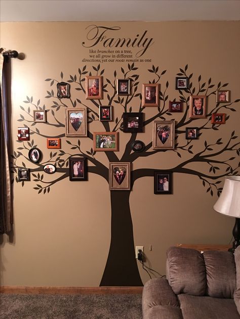 Family Tree Stair Wall, Painted Family Tree On Wall, Family Tree For Baby Room, Small Deck Furniture Layout, Family Tree Wall Painting, Family Tree Drawing, Small Deck Furniture, Tree Wall Painting, Diy Tableau