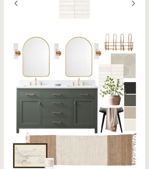 Neutral Color Master Bath, Half Bath Green Vanity, French Farmhouse Master Bath, Warm Bathroom Colors Earth Tones Master Bath, All White Bathroom With Pop Of Color, Natural Bathroom Design Earth Tones, Green Cabinets Bathroom, Bathroom Wood Vanity, Green Bath Vanity