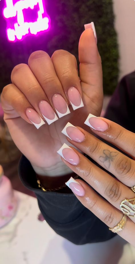 French Tip Smile Lines, Classy French Tip Nails Short, Frenchies Acrylic Nails Short, Medium Tapered Square French Tip Acrylic, Short Squared Frenchies, Medium Nails Acrylic French Tip, Small Frenchies Nails, Elegant Nails French Tips, Short Acrylic Nails Holiday