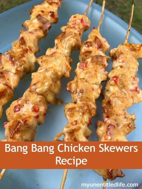 Bang Bang Chicken Recipe, Bang Bang Chicken Skewers, Chicken Recipe Easy, Bang Bang Chicken, Chicken Skewer Recipe, Chicken Snacks, Skewer Recipes, Chicken Kabobs, Easy Chicken Dinner Recipes