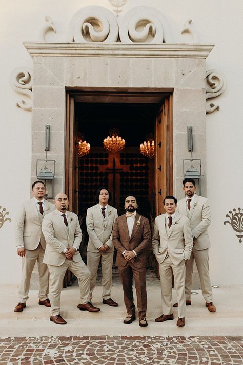 Bestman Suit Groomsmen, Tan Suits For Wedding Groom Attire, Brown Suit Wedding Party, Cream Grooms Suit, Dark Tan Wedding Suits, Brown Wedding Party Attire, Tan Suit With Black Shirt, Brown Suit Groom And Groomsmen, Groomsmen Neutral Colors