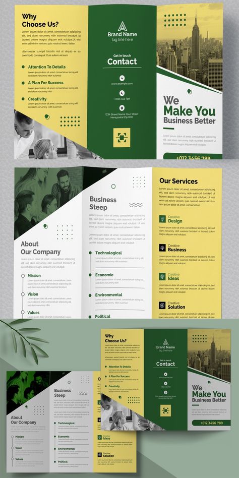 Business Trifold Brochure Design Template Layouts Corporate Identity Trifold Layout Design, Nonprofit Brochure Design, Corporate Document Design Layout, Business Trifold Brochure, Sales Brochure Design, Course Brochure Design, Corporate Layout Design, Corporate Brochure Design Layout, Informational Flyer Design