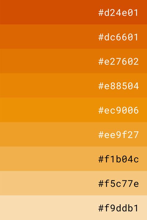 Yellow Orange Pallete Color, Orang Color Palet, Orange Colors Shades, Orange Gradient Palette, Zenitsu Color Palette, Orange Hex Code Palette, Orange Color Palette Hex Codes, Color Palette Orange Purple, Autumn Color Palette Hex Codes