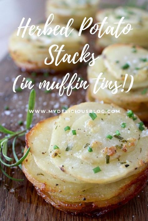 Muffin Tin Herbed Potatoes | My Delicious Blog Muffin Tin Scalloped Potatoes, Scalloped Potatoes In Muffin Tin, Scalloped Potatoes Muffin Tin, Potatoes Muffin Tin, Stacked Potatoes, Muffin Tin Potatoes, Scallop Potatoes, Herbed Potatoes, Potato Stacks