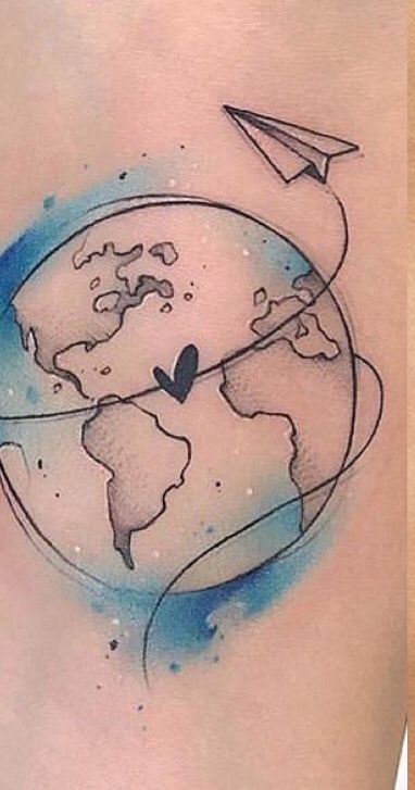 Watercolor Globe Tattoo, Heart Earth Tattoo, Earth Themed Tattoos, Globe Tattoo Design, Planet Earth Tattoo, Mtb Tattoo, World Globe Tattoos, Tattoo Earth, Tattoo Ideas Travel