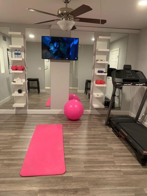 Hvac Room Storage, Home Gym Inspiration Bedroom, Cute Workout Rooms Home Gyms, Garage Into Workout Room, Cute At Home Gym Ideas, Home Gym Ideas For Women, Home Workout Room Aesthetic, I’m Home Gym Ideas, Aesthetic Home Gym Room