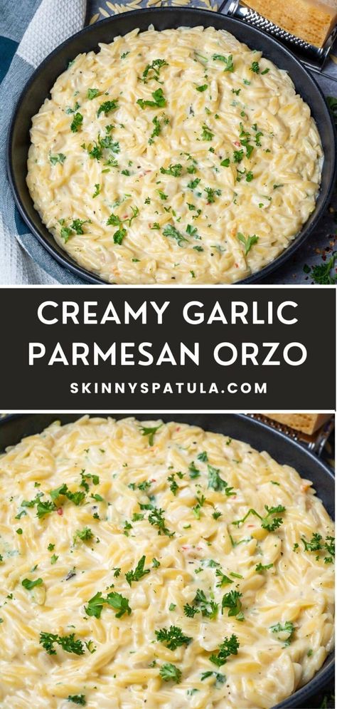 Garlic Parmesan Orzo, Orzo Recipes Side, Orzo Pasta Recipes, Parmesan Orzo, Pasta Side Dishes, Rice Side, Orzo Recipes, Pasta Dinner Recipes, Creamy Garlic