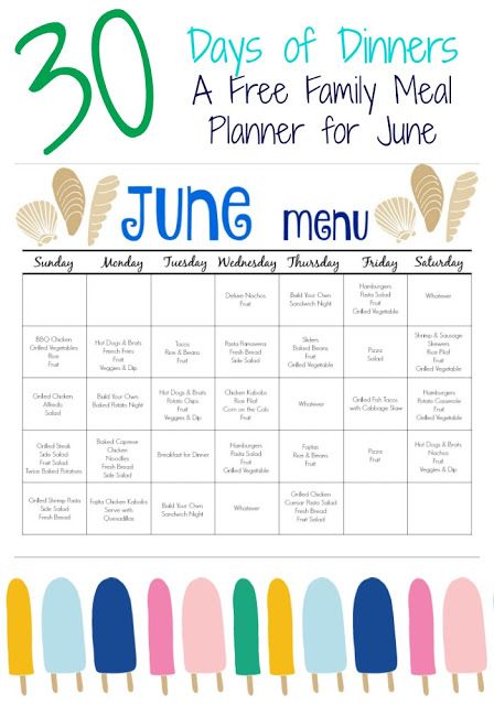 June Meal Plan for Families (& Free Printable) || The Chirping Moms June Meal Plan, Weekly Meal Plan Family, Dinner Menu Planning, Free Family Printables, Family Meal Planner, Meal Calendar, Weekly Dinner Menu, Monthly Menu, Daycare Menu