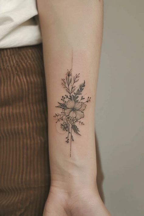 21 Stunning Black Feminine Floral Tattoo Designs You'll Love September Birth Tattoo Ideas, Birth Flower Tattoo December, Tattoo February Birth Month, I Love You Tattoo With Flowers, Feminine Arm Tattoo Placement, Geometric With Flowers Tattoo, February Birth Month Flower Tattoo, Small Flower Cluster Tattoo, Flower Types Tattoo