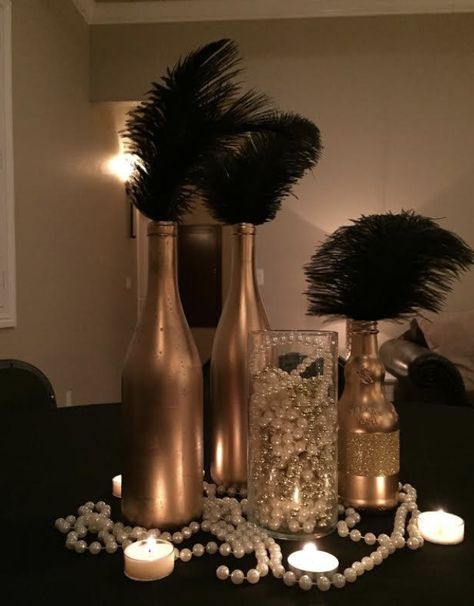 1920s Centerpieces Diy, Flapper Decorations 1920s Party, Twenties Party Decorations, Speakeasy Party Centerpieces, 1920s Party Table Decor, 1920s Dinner Party Table, Speakeasy Table Centerpieces, Gatsby Party Decorations 1920s, Twenties Themed Party