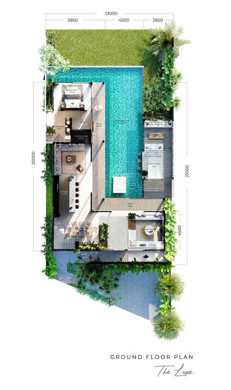 Tropical Villa Plan, Resort Plans Architecture, Pool House Architecture, Pool Villa Design Architecture, Tropical Villa Floor Plan, One Floor Villa Design, Villa Layout Plan Design, Tropical House Plans Layout, Tropical House Layout