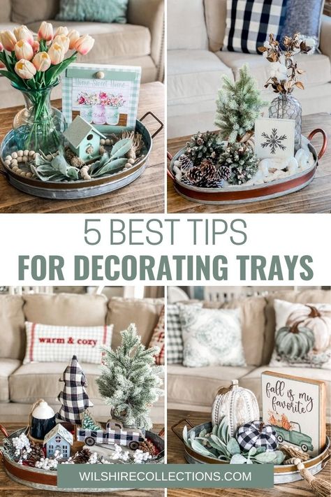 Metal Tray Decor Ideas, How To Decorate A Tray, Table Tray Decor Ideas, Metal Tray Decor, Tray On Coffee Table, Decorating Trays, Winter Tray, Christmas Tray Decor, Table Tray Decor