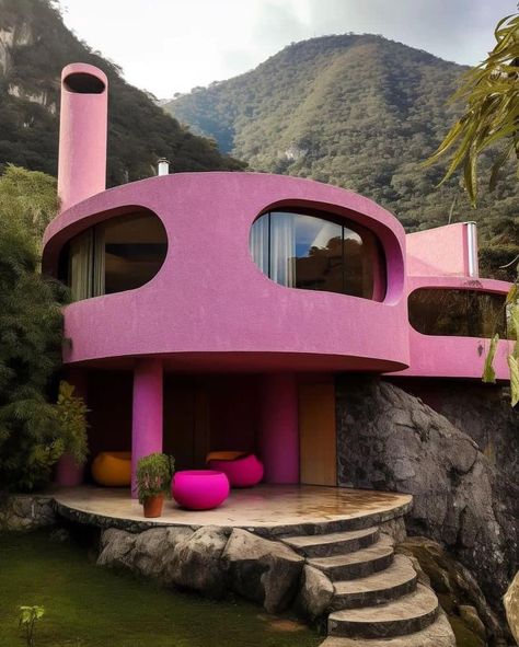 70s House Exterior, Vinyl Record Art Ideas, 70s House, Luxury Exterior, Pink House, Barbie Dream House, Pink Houses, Dream House Exterior, Villa Design