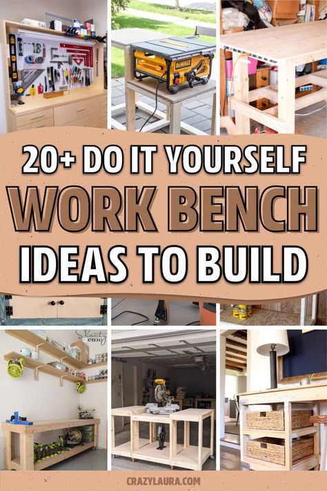 Whether you need more space to work in the garage or you want to save some money and build it yourself, check out these awesome DIY workbench plans and tutorial ideas for inspiration! Shop Bench Ideas Workbench Plans, Diy Workbench Plans How To Build, Work Bench Plans How To Build, Diy Workbench With Pegboard, Workshop Workbench Ideas, Table Plans Woodworking, Garage Workbench Ideas Diy, Garage Workbench With Storage, Building A Workbench Diy