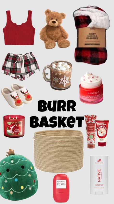 Christmas Sweet Ideas Gifts, Cute Things For Christmas Gifts, Berr Basket Christmas, Winter Basket Ideas Friends, Mini Christmas Gift Baskets, Burr Basket Ideas For Girlfriend, Christmas Presents Ideas For Friends, Christmas Brrr Basket, Christmas Friend Ideas