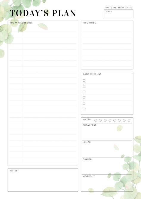 Undated Daily Planner Template with botanical pattern. Sections available in this template: Today's schedule, Priorities, Daily checklist, Water tracker Menu, Workout, Notes  #schedule #bestdailyplanner #dailyplanner #filofax #planner Workout Notes, Notes Schedule, Best Daily Planner, Daily Planner Printables Free, Today's Schedule, Study Planner Printable, To Do Planner, Undated Daily Planner, Water Tracker