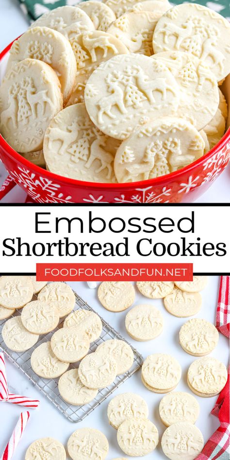 This Christmas Shortbread Cookie Recipe is perfect for embossed rolling pins. The designs from the rolling pin come out perfectly clear and crisp every time! via @foodfolksandfun Patterned Rolling Pin Cookies Recipe, Stamped Rolling Pin Cookie Recipe, Shortbread Press Cookies, Cookie Recipes For Cookie Press, Cookie Embosser Stamp, Rolled Butter Cookies, Roll Out Butter Cookie Recipe, Recipe For Cookie Press Cookies, Best Cookie Press Recipes