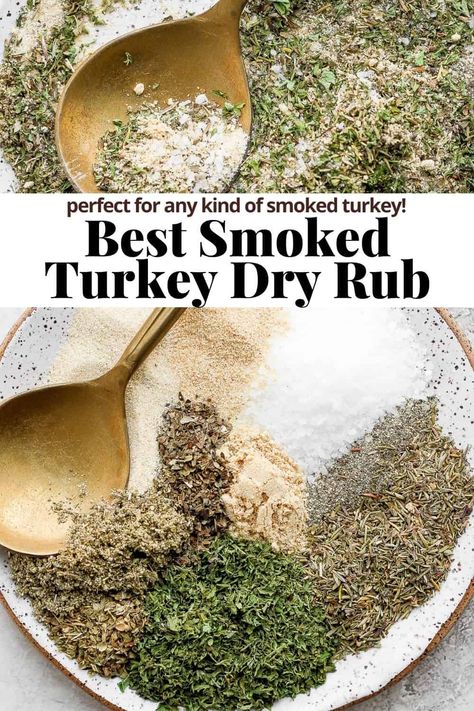 Smoked Turkey Dry Rub - a delicious smoked turkey dry rub recipe with all the classic flavors! Perfect for turkey breast, whole turkeys, etc.! #smokedturkeydryrub #smokedturkydryrubrecipes #smokedturkeydryrubrecipesthanksgiving #smokedturkeyrecipesdryrubs #dryrubforsmokedturkey Turkey Rub For Thanksgiving, Perfect Turkey Seasoning, Turkey Recipes Smoked, Best Turkey Dry Rub, Herb Rub For Turkey, Seasoning For Smoked Turkey, Treager Smoked Turkey Recipes, Turkey Brine Dry Rub, Smoked Pulled Turkey