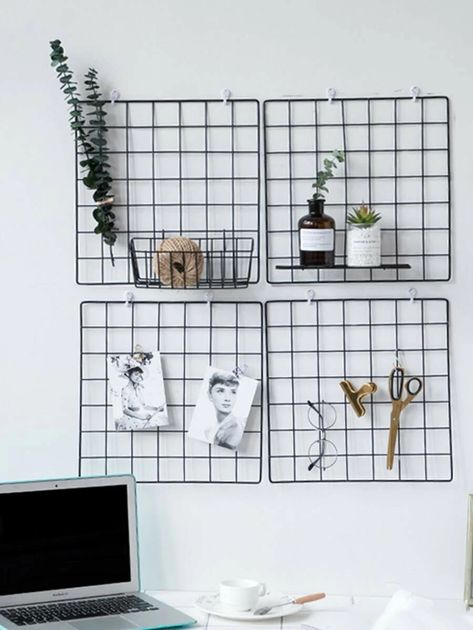 1pc Iron Grid Wall Hanging Decorative Rack | SHEIN USA Metal Wall Grid, Grid Wall, Metal Grid, Wall Hanging Diy, Room Makeover Bedroom, Hanging Racks, Wall Storage, Room Inspiration Bedroom, Room Ideas Bedroom