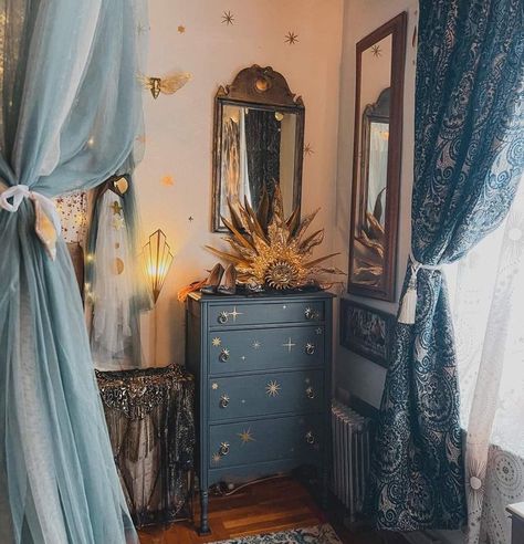 Celestial House Aesthetic, Astrology Themed Room, Celestial Interior Design, Celestial Interior, Celestial Bedroom Aesthetic, Astrology Room Decor, Billy Diy, Celestial Diy, Witchy Living Room