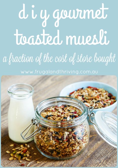 Start the morning off right with this frugal toasted muesli recipe. Homemade muesli is healthier than store bought cereals and you can customise it to suit. Muslei Cereal, Toasted Muesli Recipe, Toasted Muesli, Gourmet Toast, Molasses Recipes, Muesli Recipe, Homemade Muesli, Cooked Breakfast, Healthy Homemade