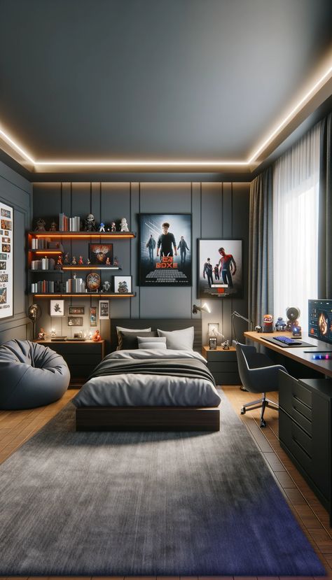 🏠 Transform Your Teen's Space: 21 Epic Teenage Male Bedroom Decorating Ideas! 🚀 Bedroom Game Room Ideas, Grey Teenage Boys Room, Room Design For Boys, Teenager Bedroom Boy Modern, Boy Room Ideas Teenagers, Teenage Boys Room Ideas, Teenager Room Ideas For Boys, Teenager Boy Room, Room With Black Accents