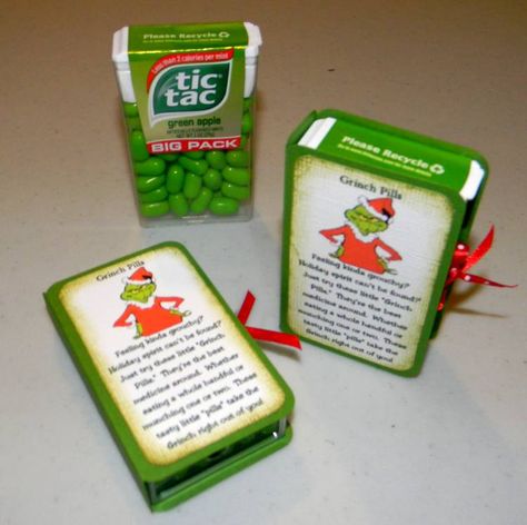 My version of the tic tac box....  big box size Grinch Gag Gifts, Grinch Pills Printable, Grinch Pranks, Grinch Gift Ideas, Grinch Pills, Grinch Gifts, Grinchmas Party, Grinch Christmas Party, Christmas Pickle