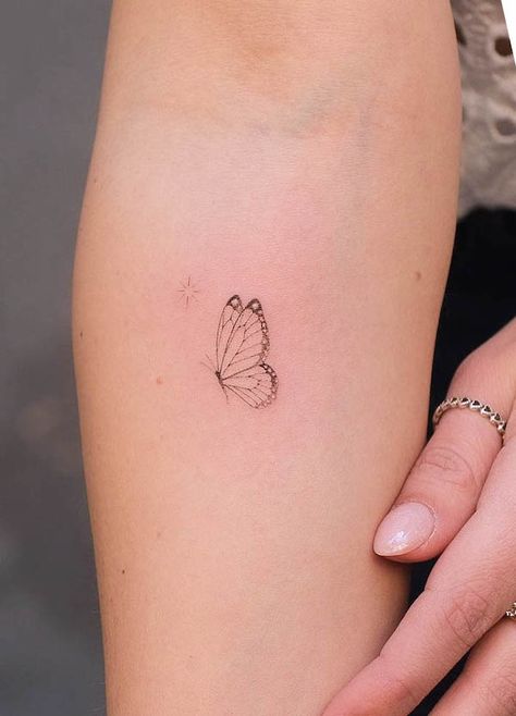 Light Dainty Tattoo, Fine Lines Tattoo Minimalist, Tiny Fine Line Butterfly Tattoo, Fine Line Half Butterfly Tattoo, Fine Line Back Arm Tattoo, Strength Fine Line Tattoo, Minimalist Fine Line Tattoo Ideas, Pretty Simple Tattoos For Women, Elegant Fine Line Tattoo