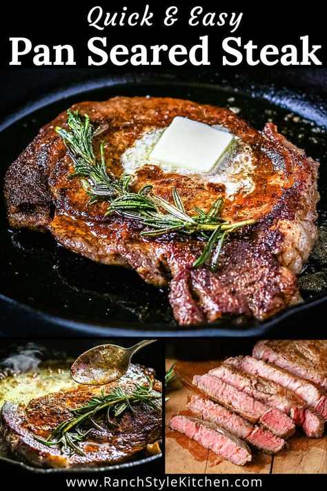 Pan Seared Steak Recipe Pan Seared Steak can be incredibly juicy, tender, and full of flavor! Infused with butter and herbs, this cast iron steak recipe is the best way to achieve steakhouse flavor right from your own stovetop! by @ranchstylekitchen Sirloin Steak Recipes Cast Iron, Stovetop Steak, Steak Recipes Pan, Ribeye Recipe, Nice Meals, Steak On Stove, Flat Iron Steak Recipes, Cast Iron Skillet Recipes Dinner, Steak Ribeye