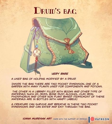 Druid's Bag (Other) Dnd Druid, Bag Of Holding, Dnd Stories, Dungeon Master's Guide, Dungeons And Dragons 5e, Dnd Funny, D D Items, Dnd 5e Homebrew, Dnd Dragons