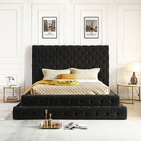 Thick, velvet upholstery for a luxurious feel. Overall Dimension:  Queen – 97.5” D x 84.5” W x 60” H. | King – 97.5” D x 100.5” W x 60” H Black Velvet Bed, Tufted Upholstered Bed, King Upholstered Bed, Queen Upholstered Bed, Tufted Bed, Bedroom Decor Inspiration, Luxurious Bed, Velvet Bed, Inspire Me Home Decor